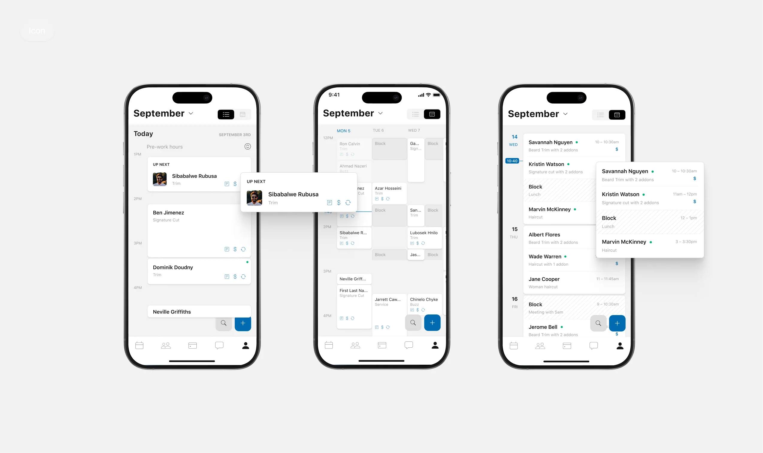 Three calendar views of the SQUIRE app