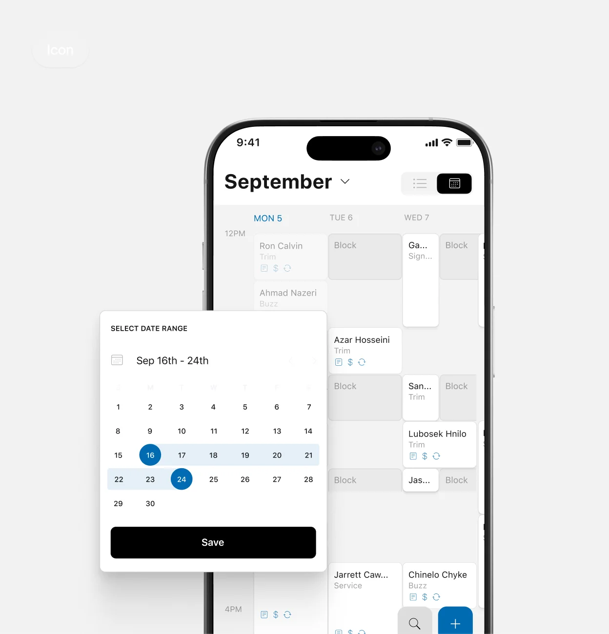 Calendar screen with a date range picker
