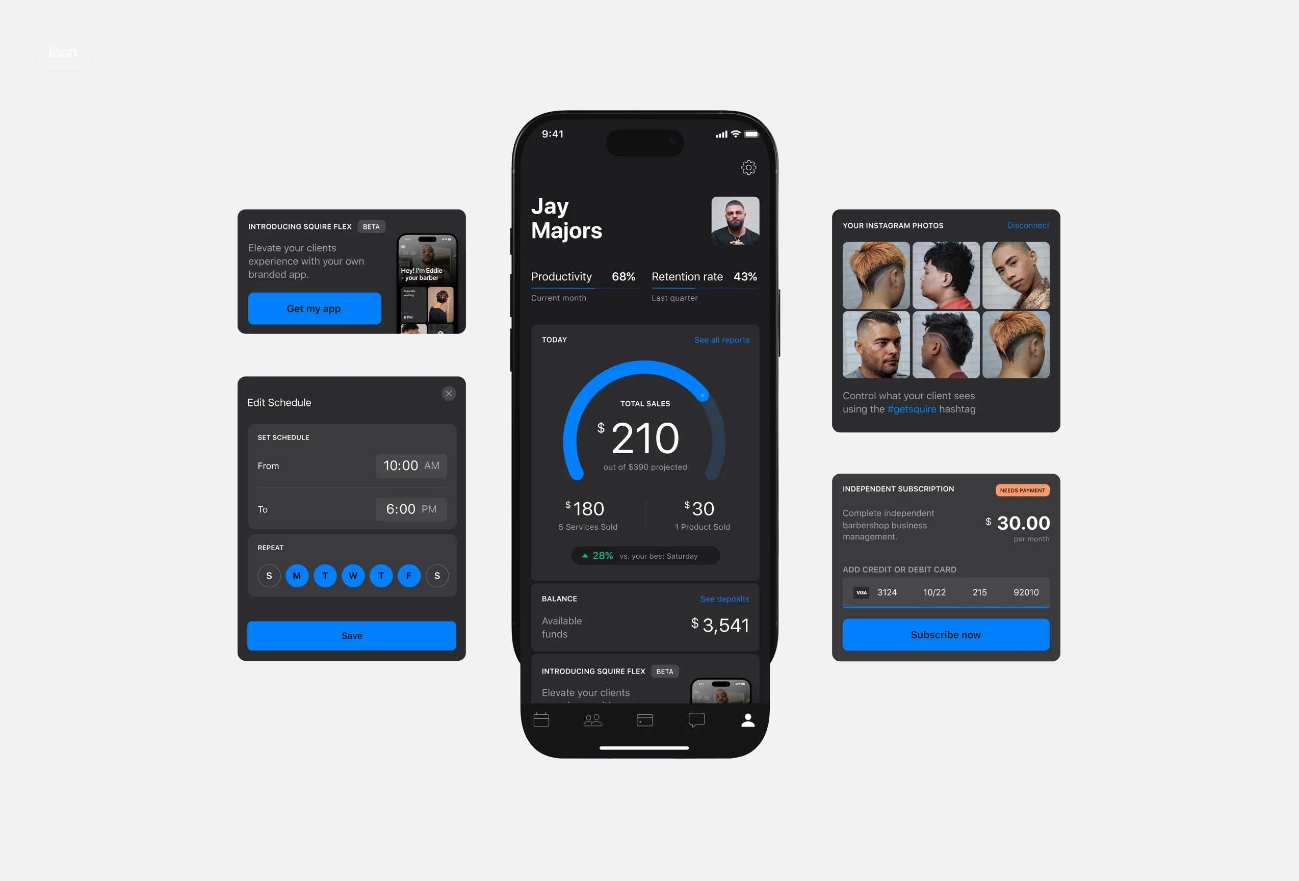 Home screen of the SQUIRE app with sales, schedule and client widgets
