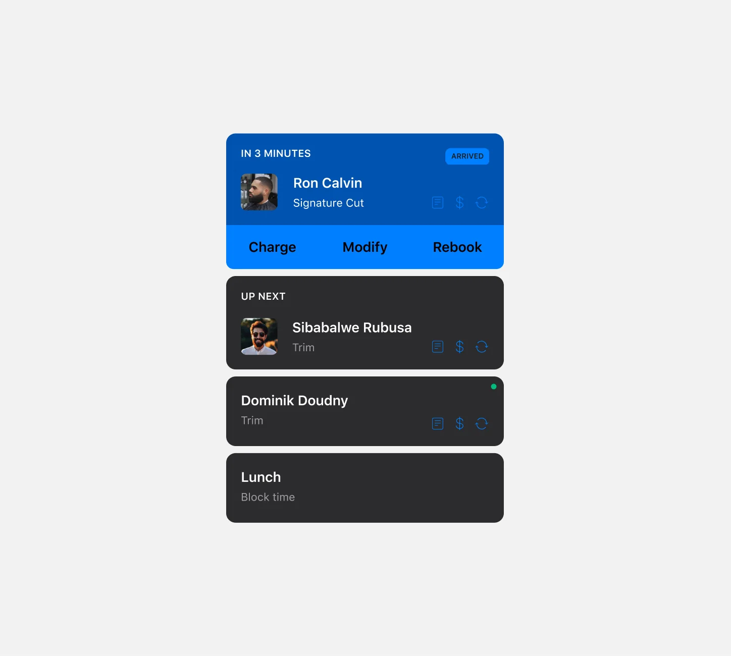 Appointment cards with charge, modify and rebook actions