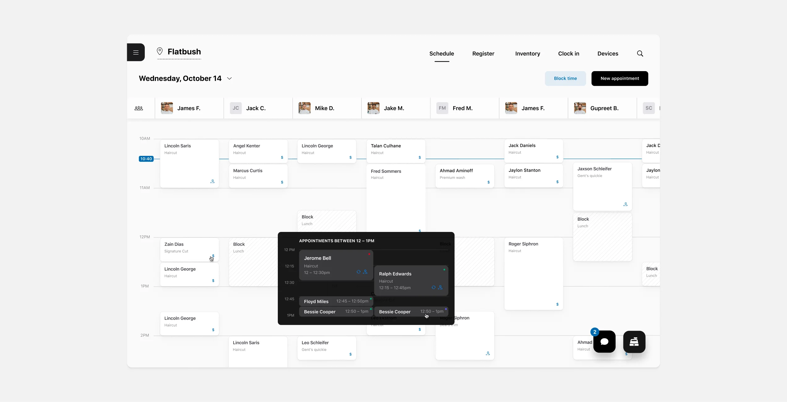 Shop calendar with all barbers side by side