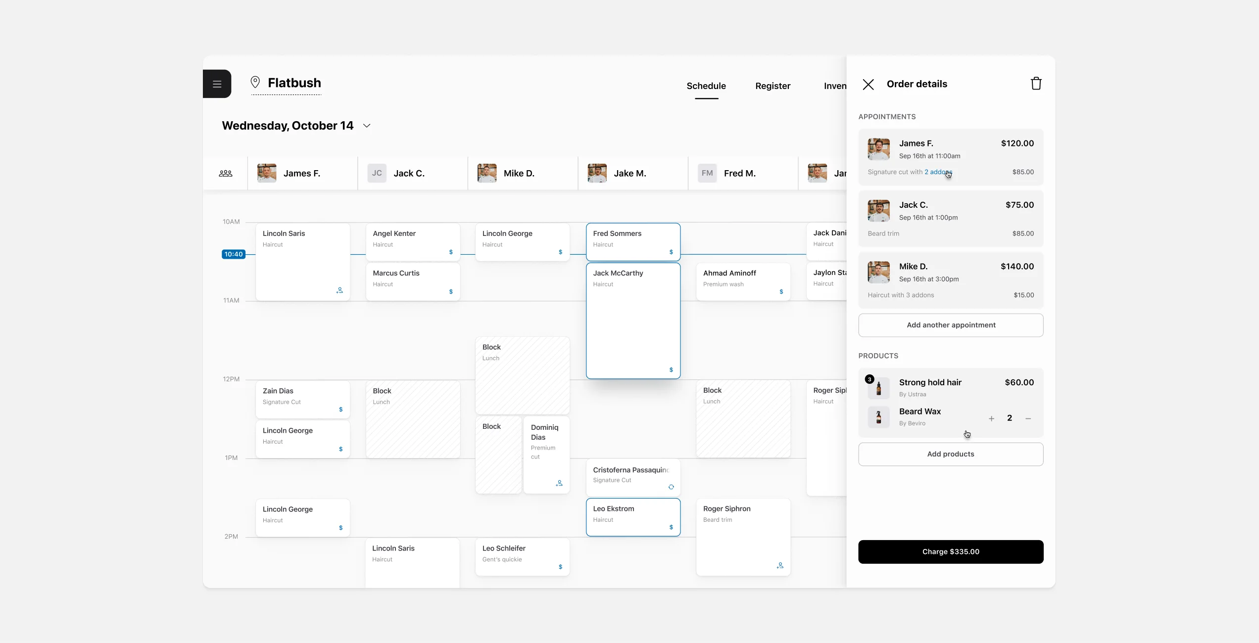 Shop calendar with the order details panel open