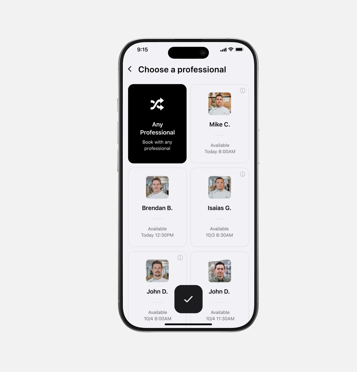 Screen for choosing a professional