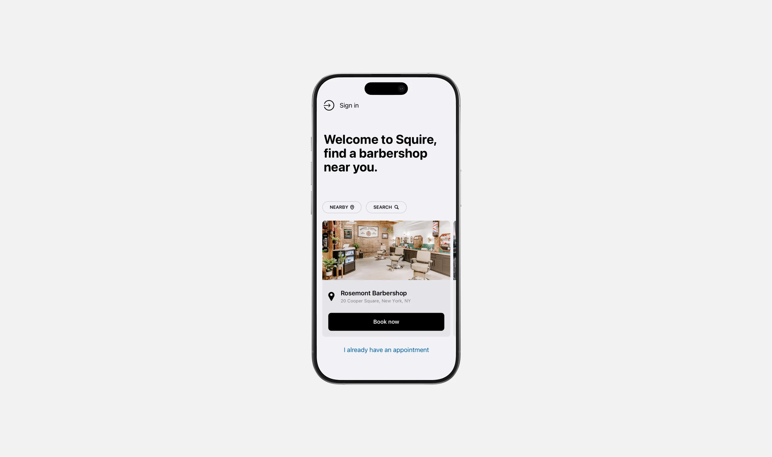 Welcome screen for finding a barbershop nearby