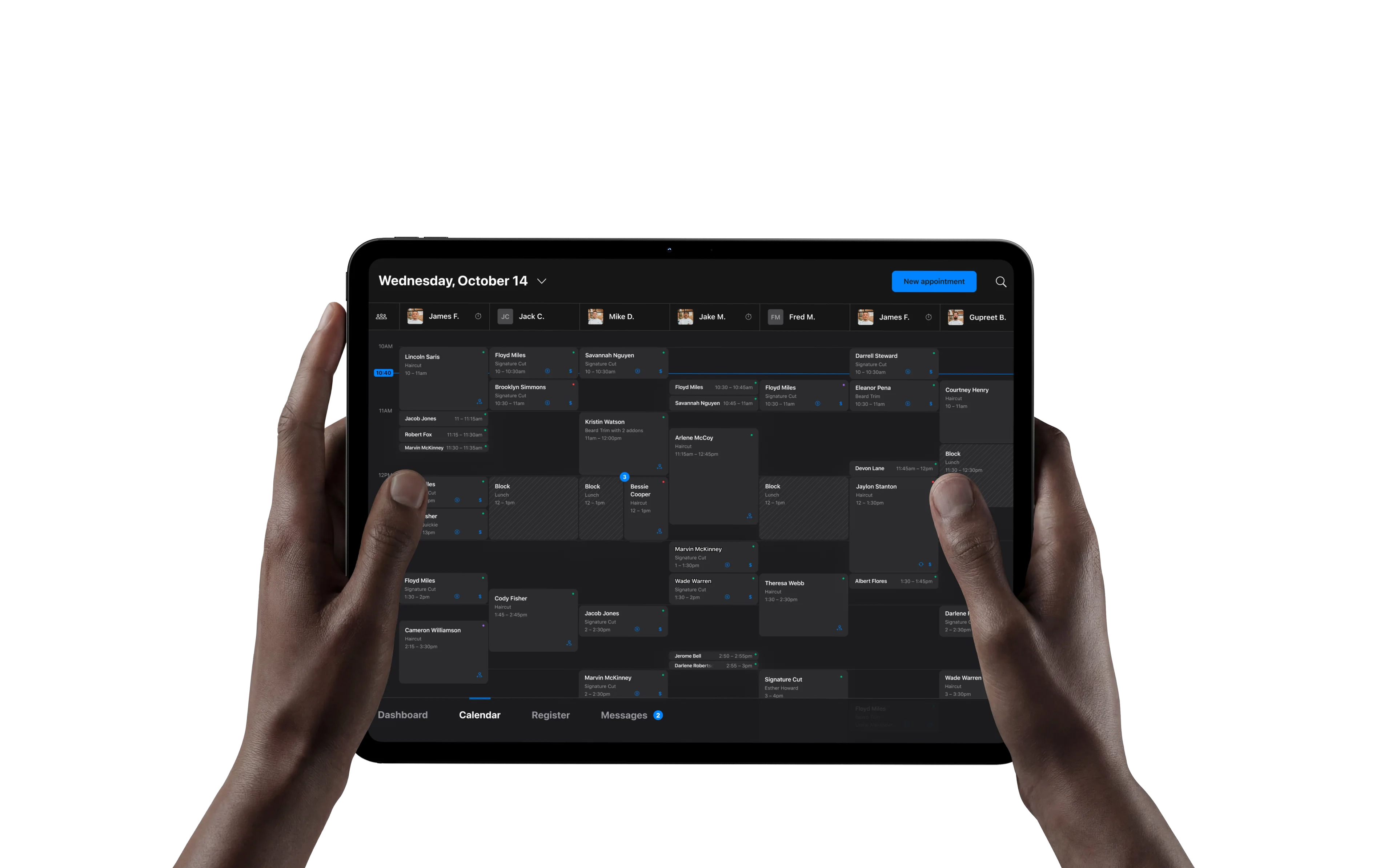 SQUIRE shop calendar on an iPad held in two hands