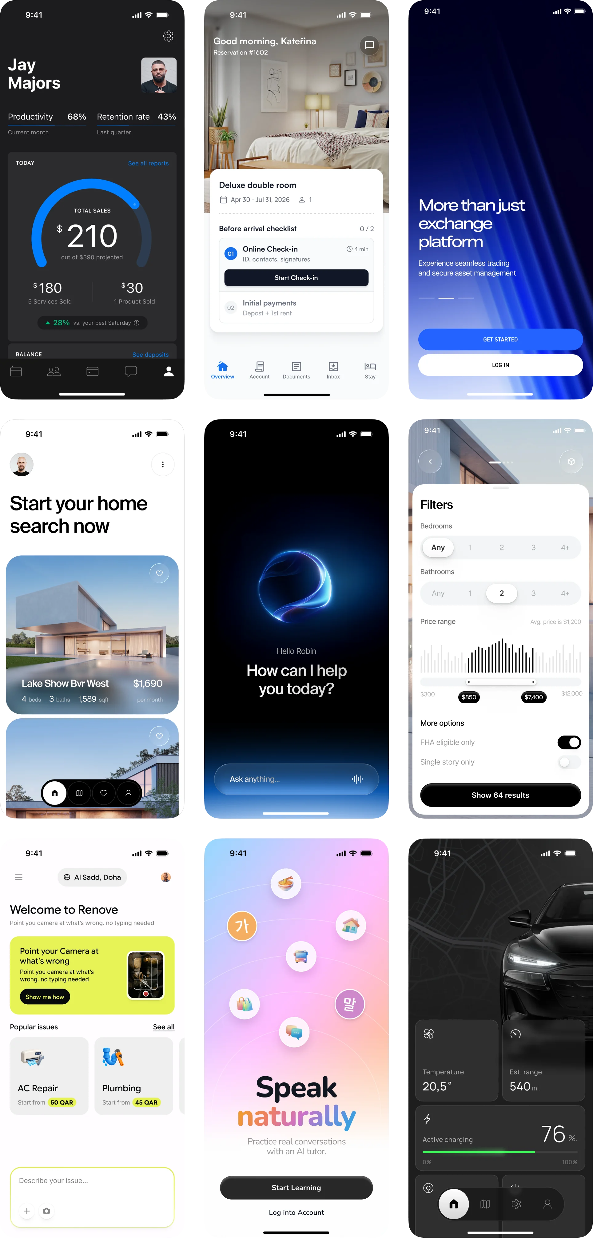 Mobile app designs by rh.design: salon dashboard, hotel check-in, AI assistant, home services and language learning apps