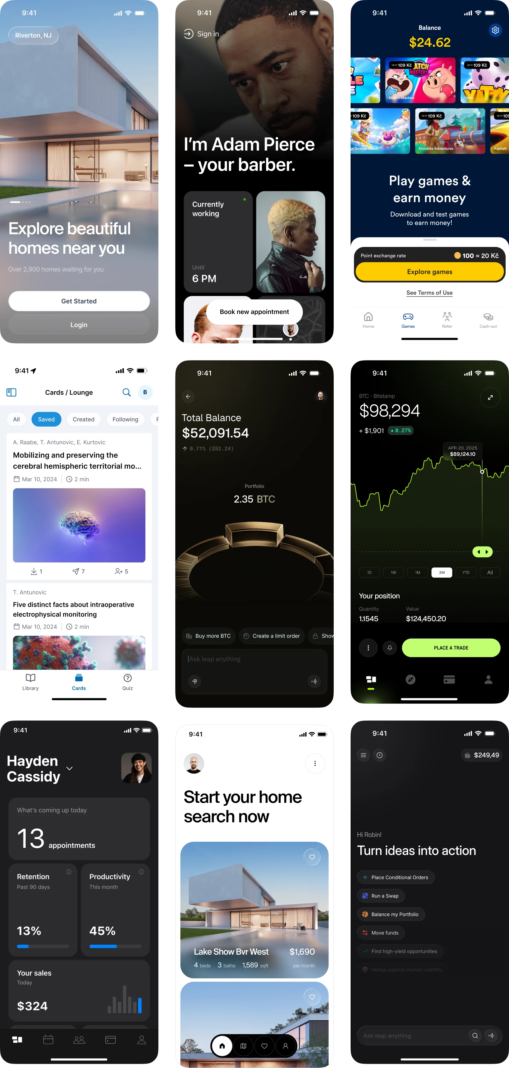 Mobile app designs by rh.design: barber booking, games rewards, crypto wallet, trading and real estate apps