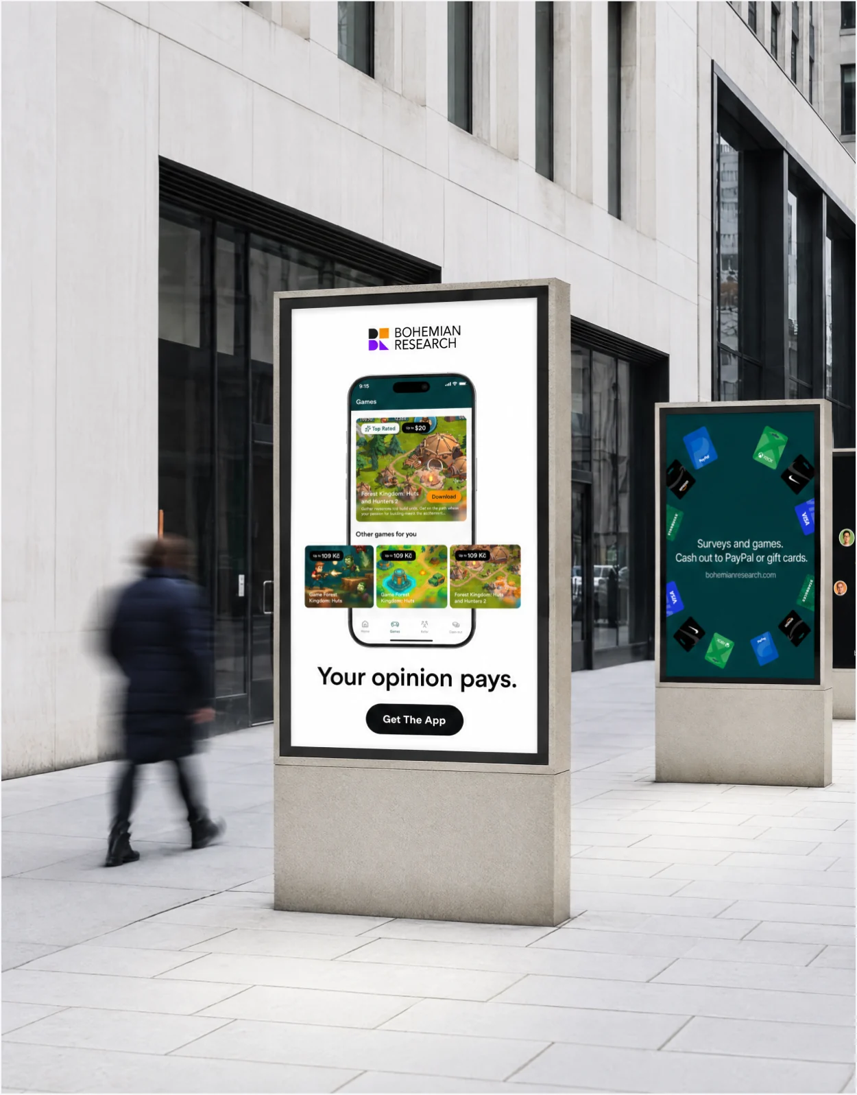 Street ad for the Multipolls app with the line Your opinion pays