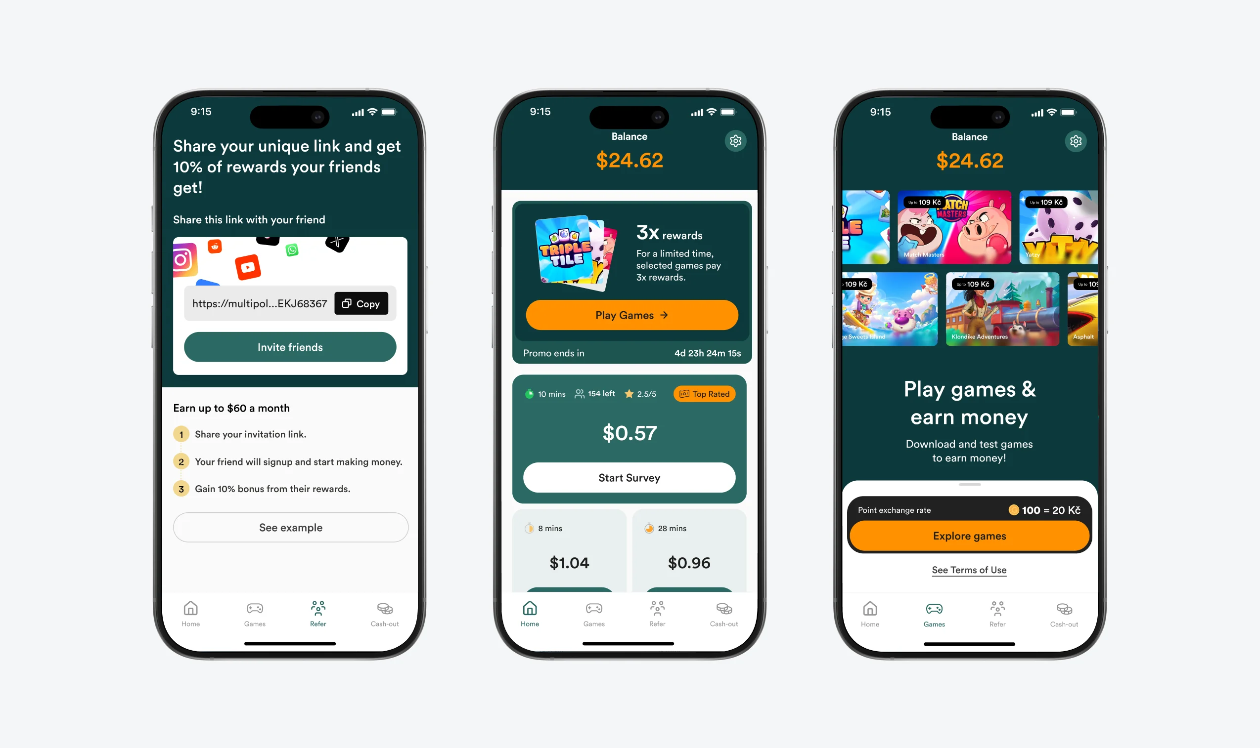 Three Multipolls screens: invite friends, balance overview and play games to earn money