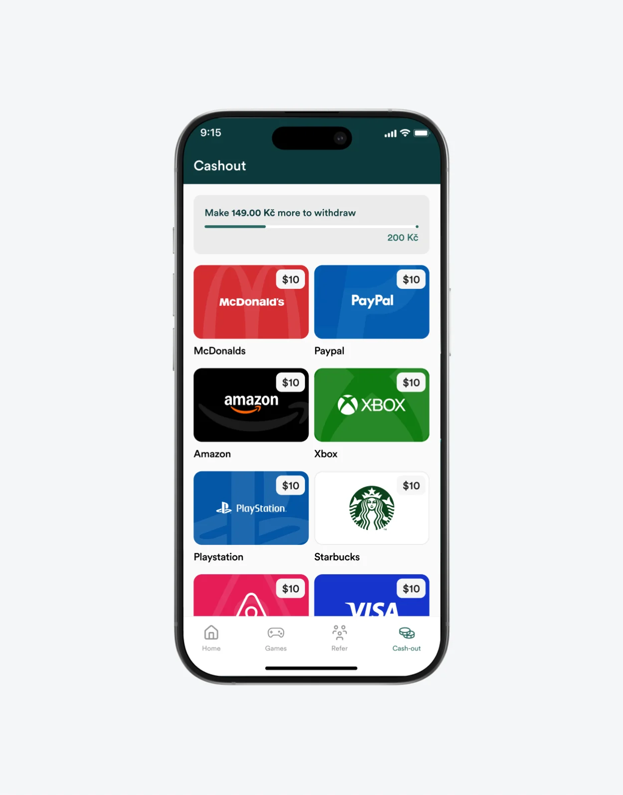 Cashout screen with gift cards from well-known brands