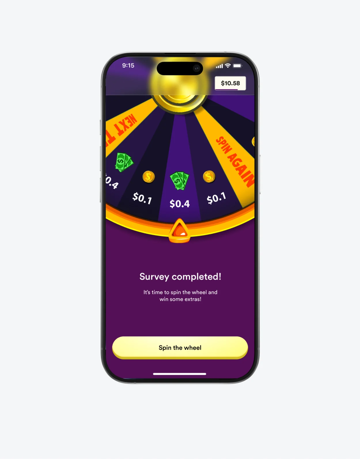 Golden Surveys spin-the-wheel reward after a completed survey