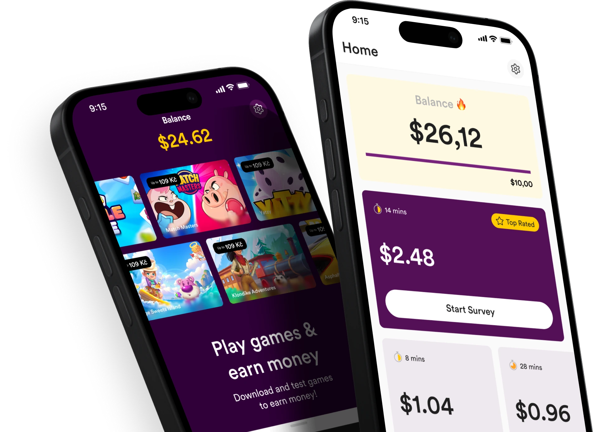 Two phones showing the Multipolls app: the balance overview and games to play