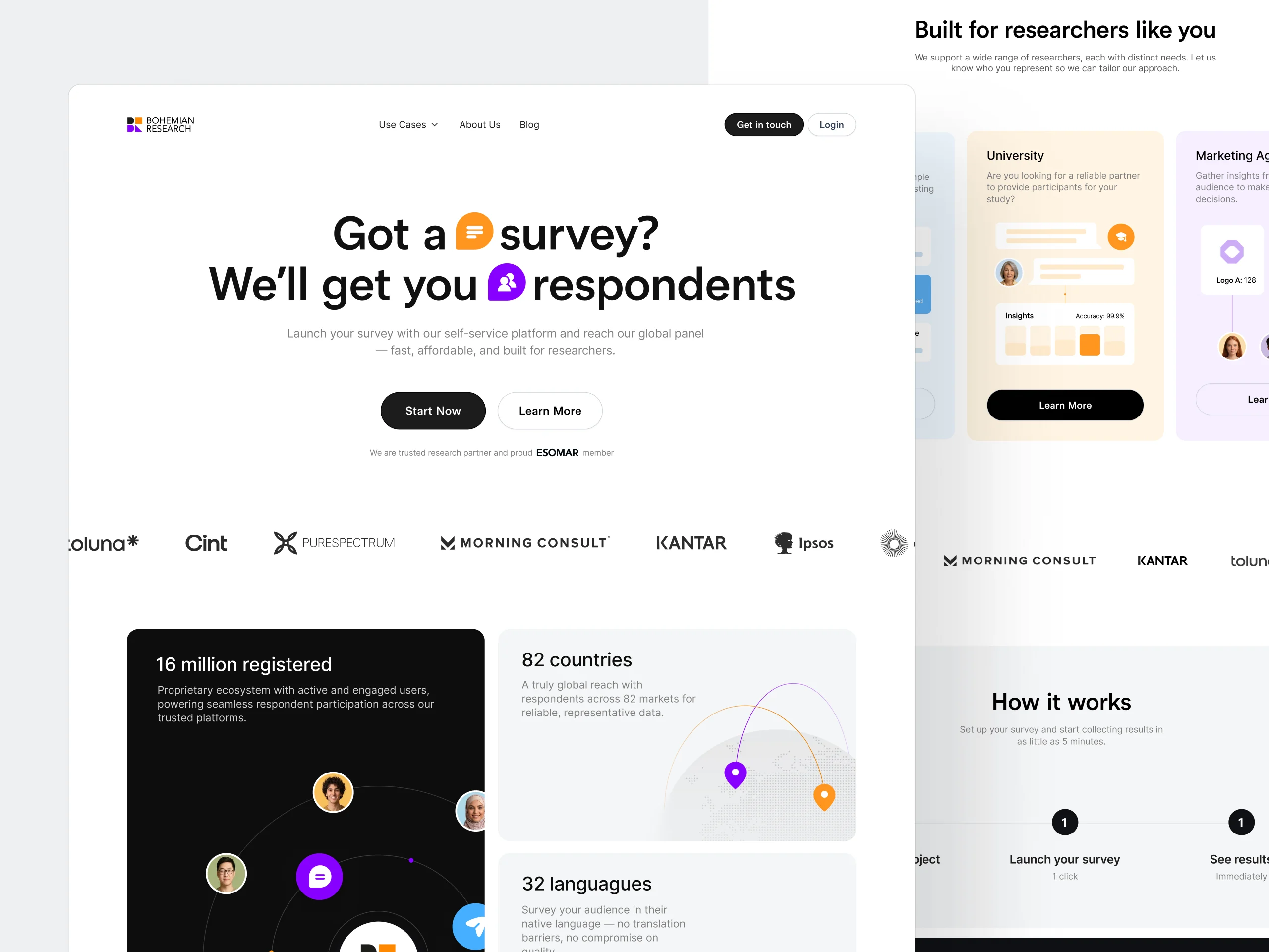 The redesigned homepage: hero, client logos and the key numbers